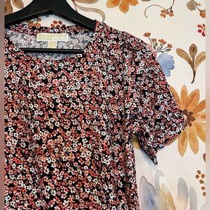 Michael by Michael Kors Medium Pink Side Tie Floral Red Black Casual Office Tee